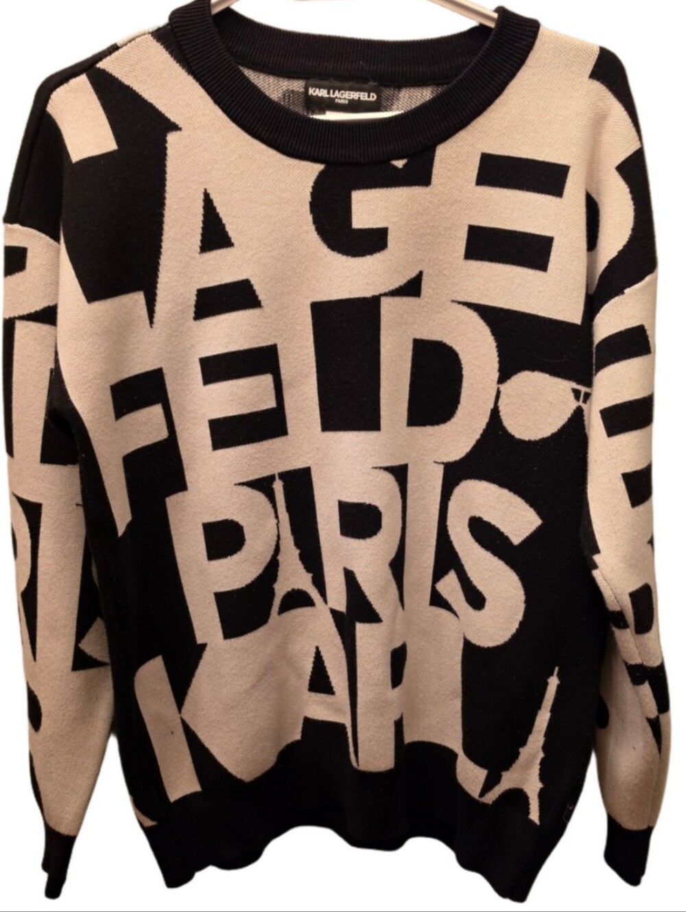 Karl Lagerfeld Paris Black White Logo Graphic Sweater M Intarsia Knit